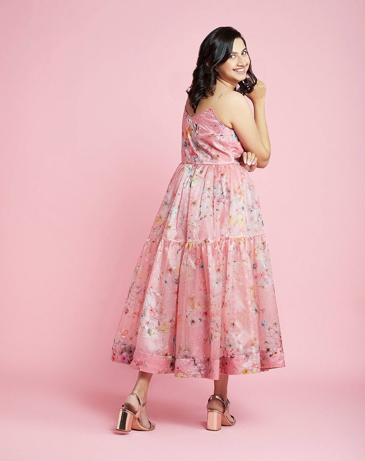 Mom Pink Printed Tierred Dress Kurta