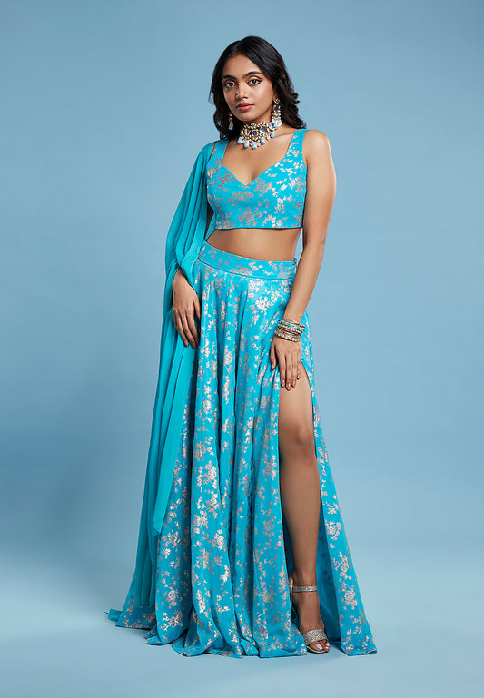 Turquoise Sleeveless Lehenga Set