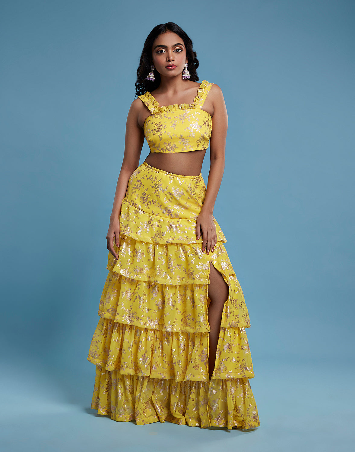Yellow Ruffle Sleeveless Lehenga Set