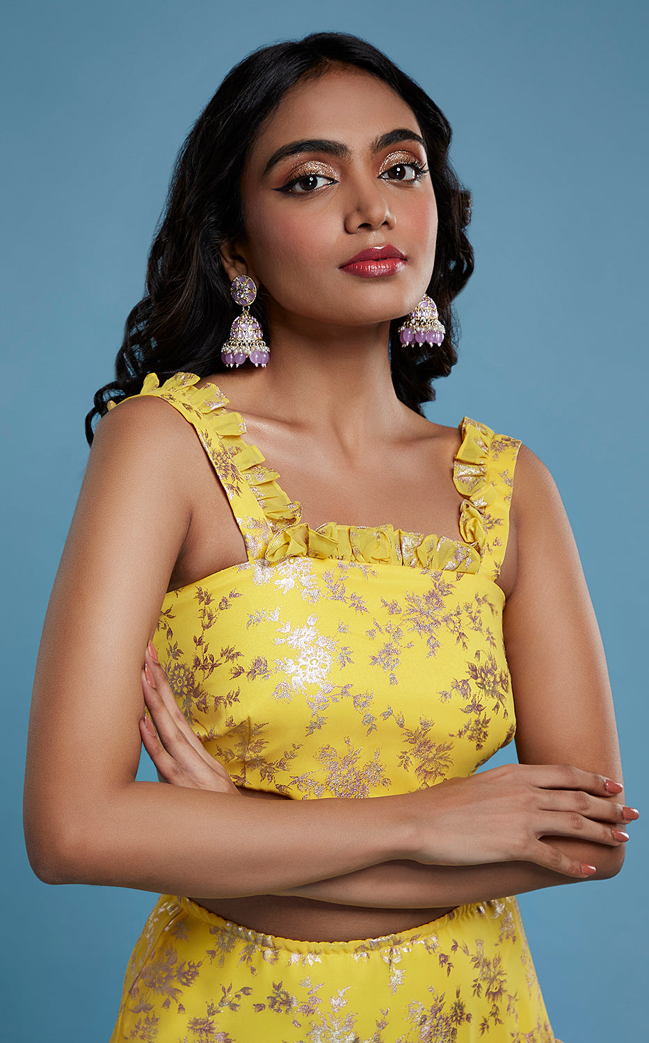Yellow Ruffle Sleeveless Lehenga Set