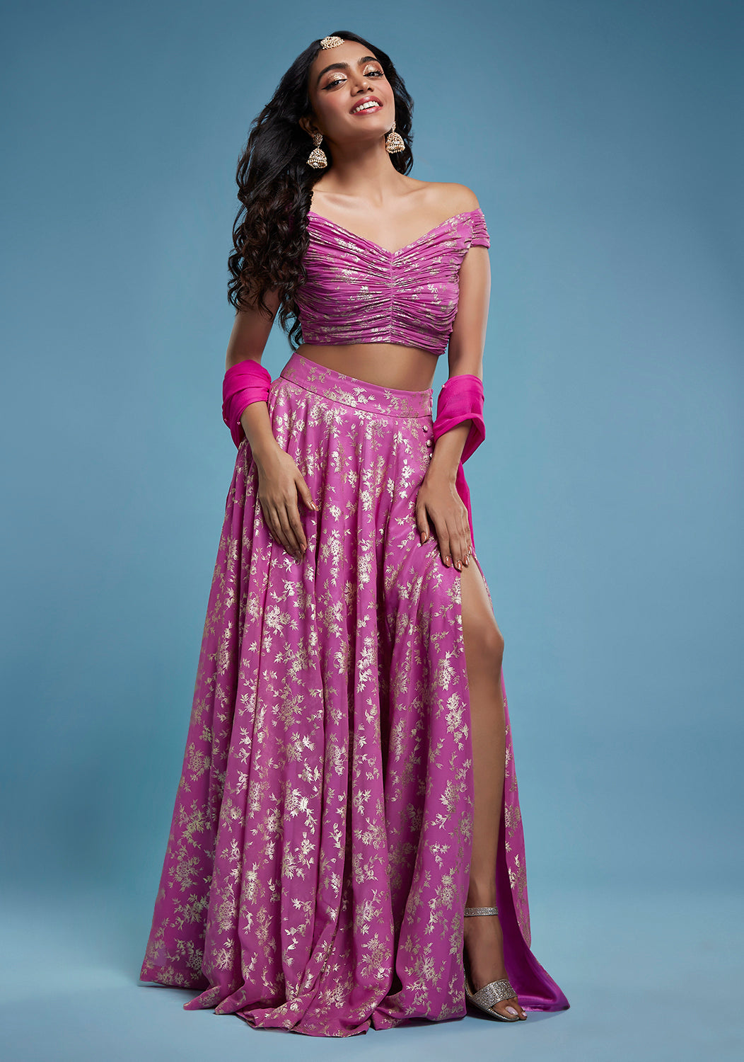 Purple Offshoulder Lehenga Set