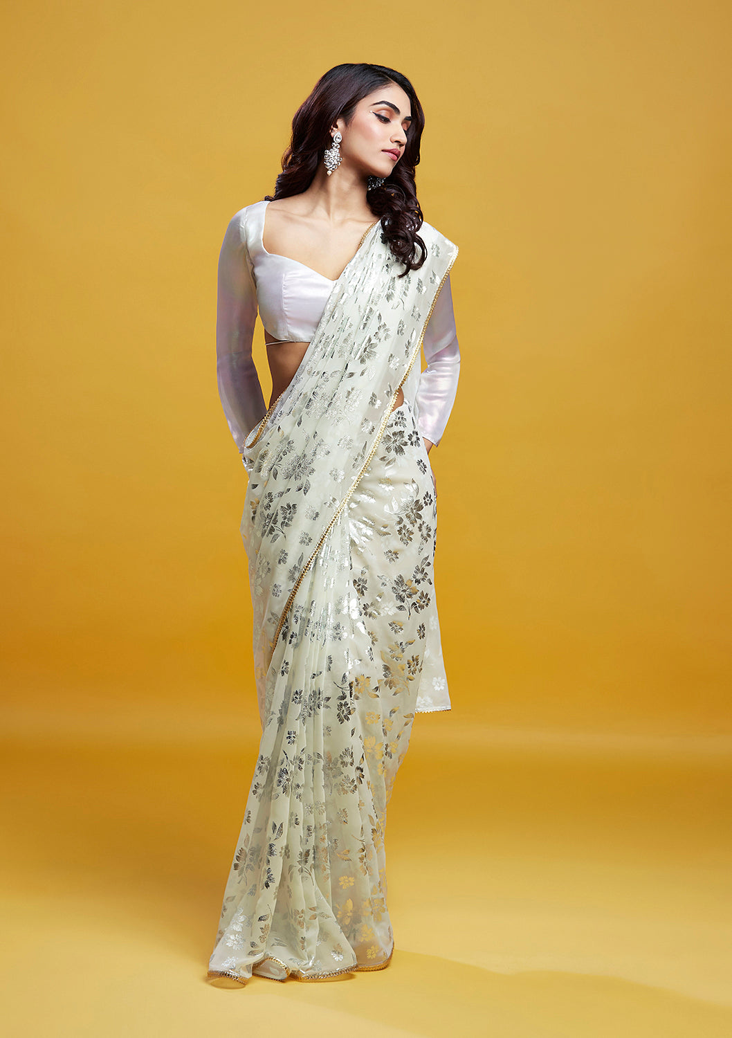 White & Silver Barfi Saree