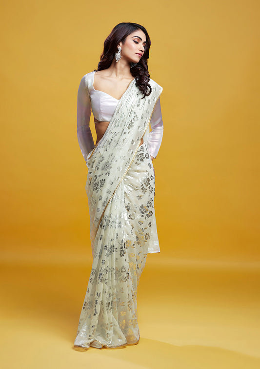 White & Silver Barfi Saree