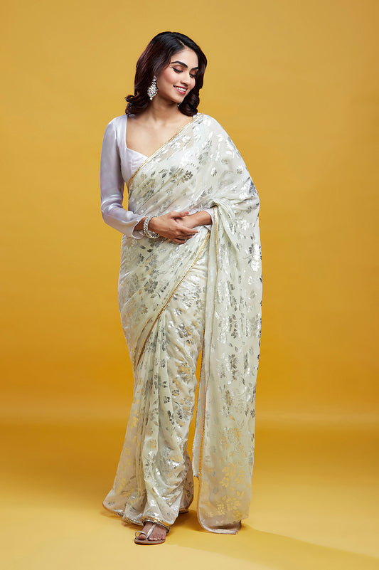 White & Silver Barfi Saree