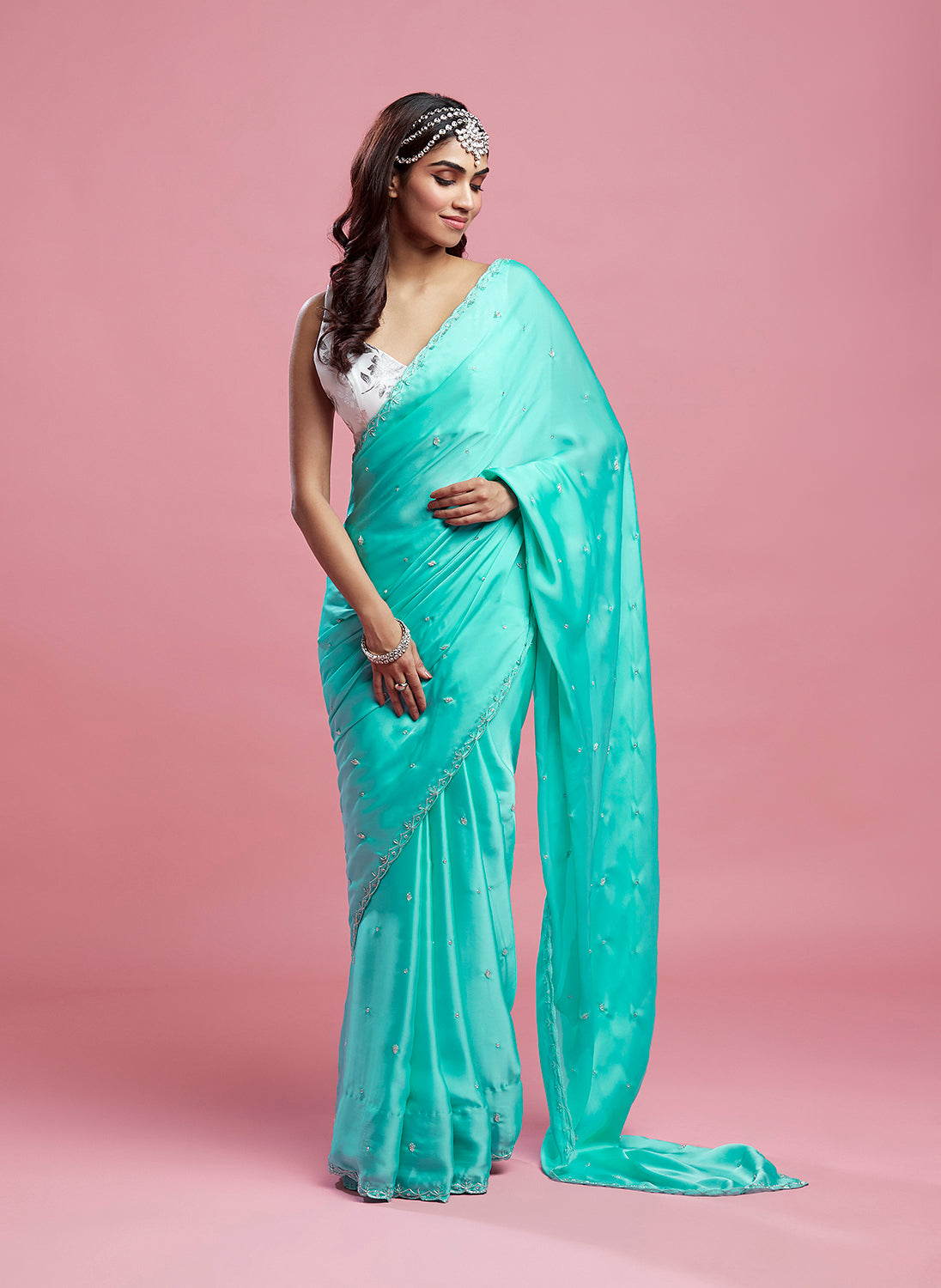 Turquoise Satin Saree