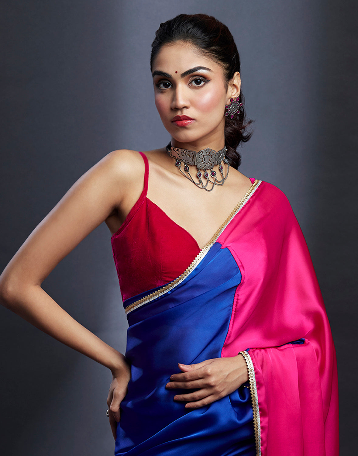 Electric Blue & Rani Saree Set