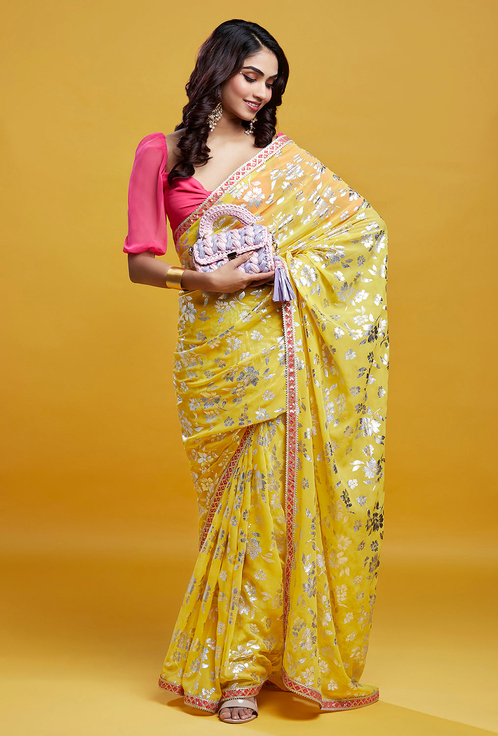 Yellow Barfi Saree Set