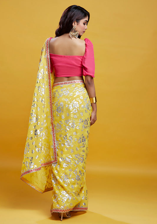 Yellow Barfi Saree Set