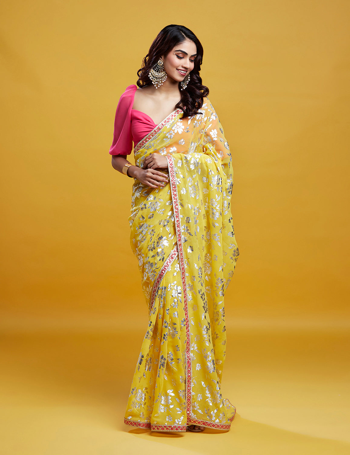 Yellow Barfi Saree Set
