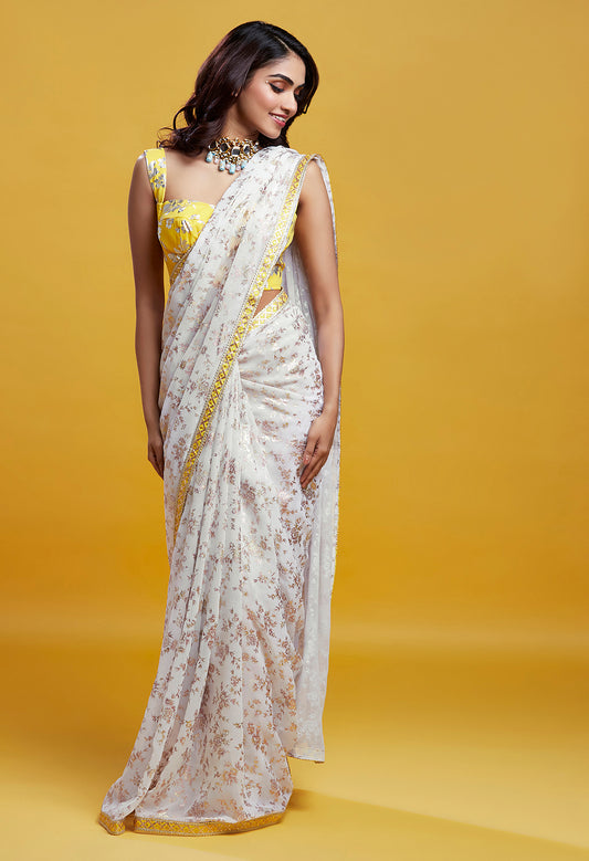 White & Gold Barfi Saree Set