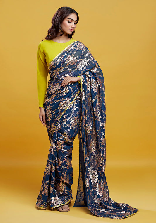Navy Barfi Saree Set