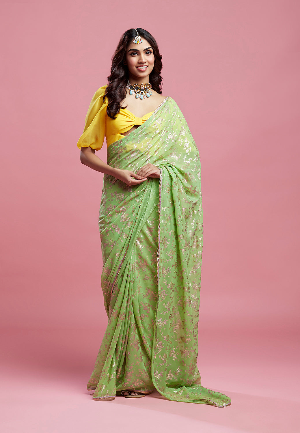Lime Barfi Saree Set