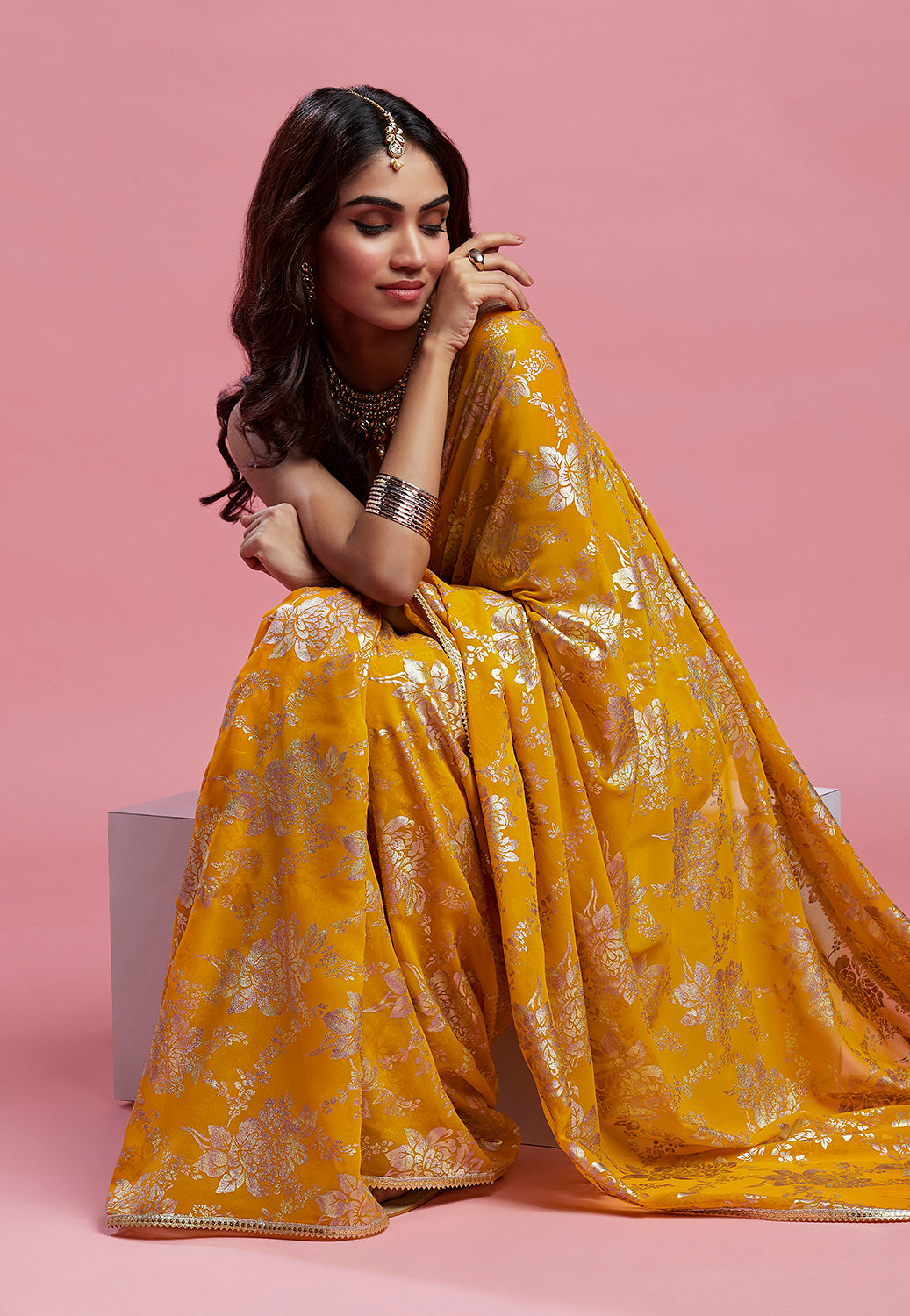 Mustard Barfi Saree Set