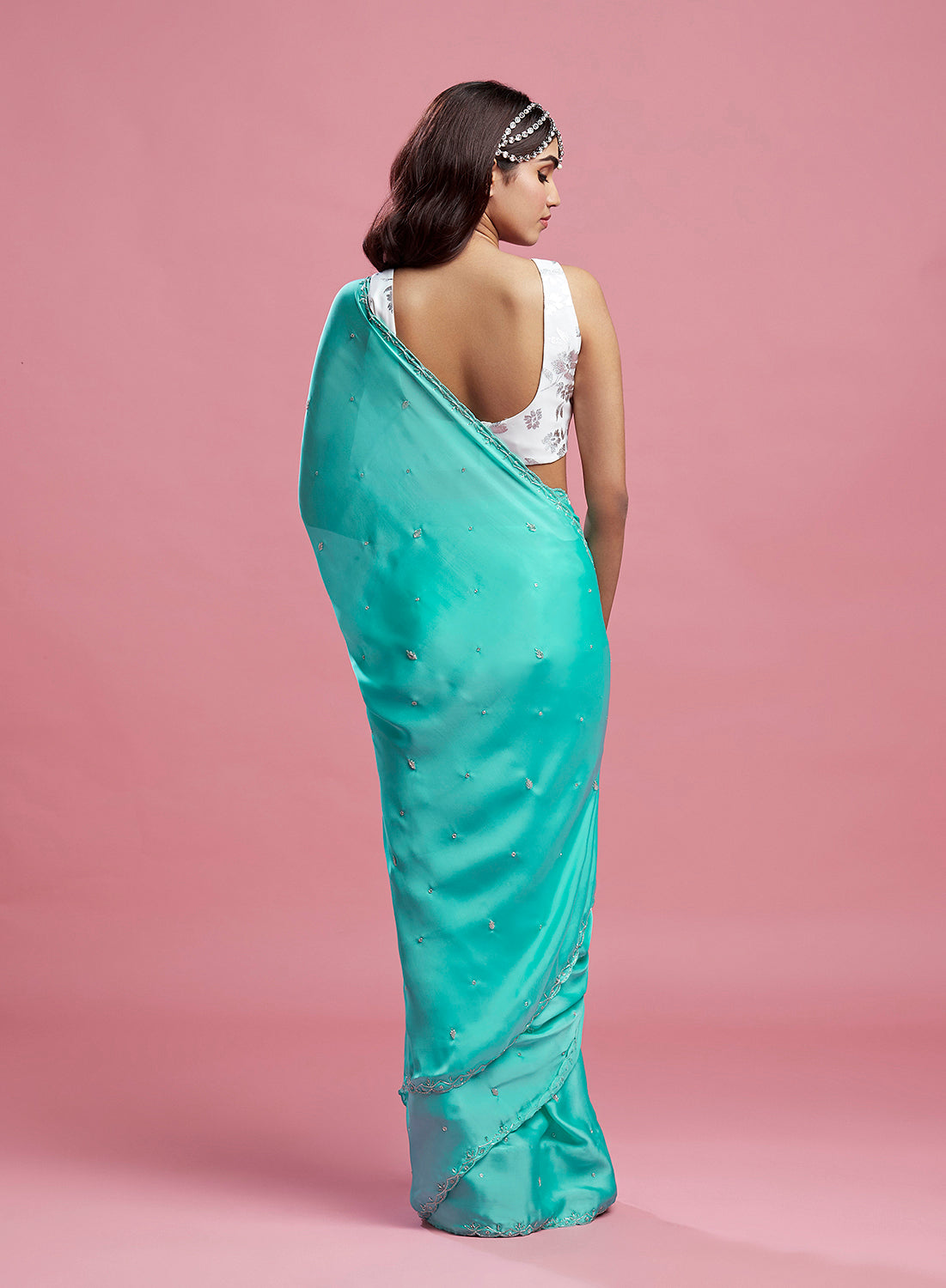 Turquoise Satin Saree Set
