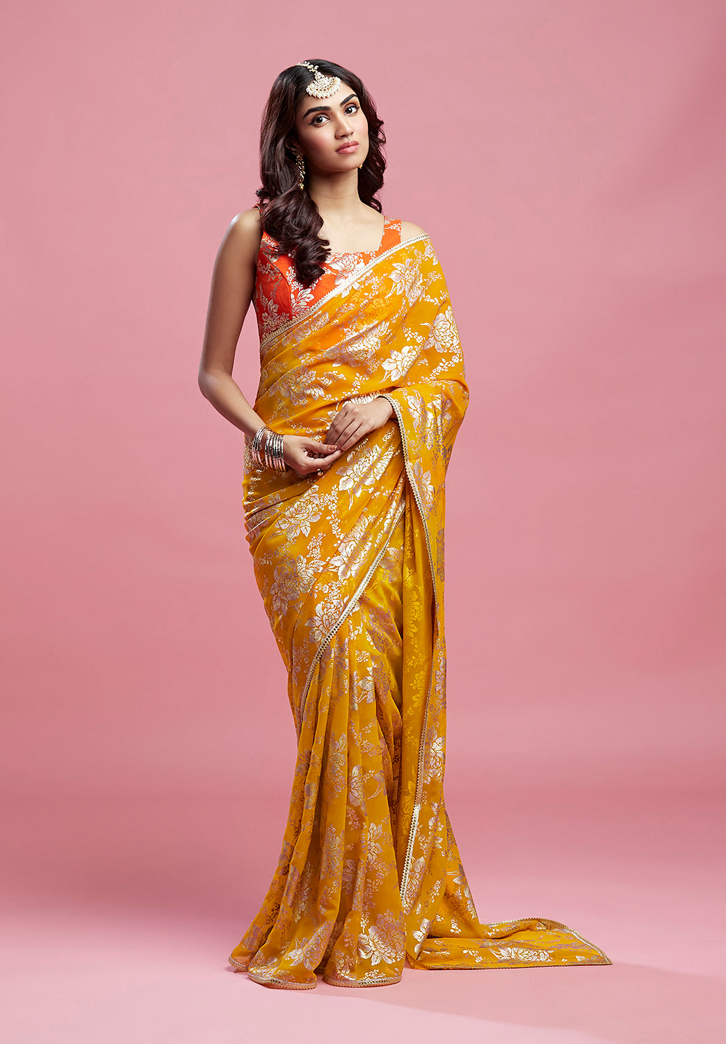 Mustard Contrast Barfi Saree Set