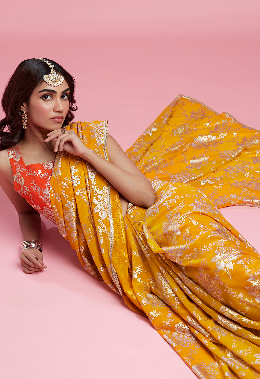 Mustard Contrast Barfi Saree Set