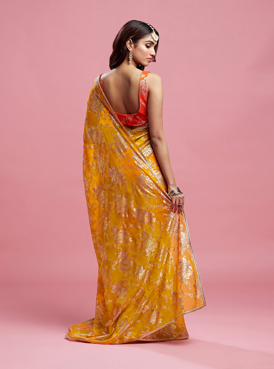 Mustard Contrast Barfi Saree Set