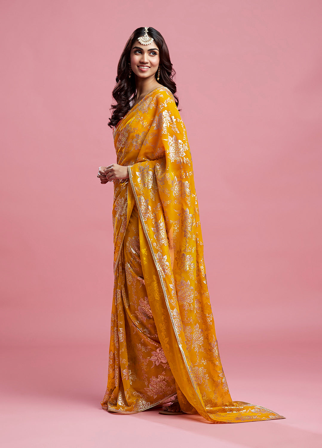 Mustard Contrast Barfi Saree Set