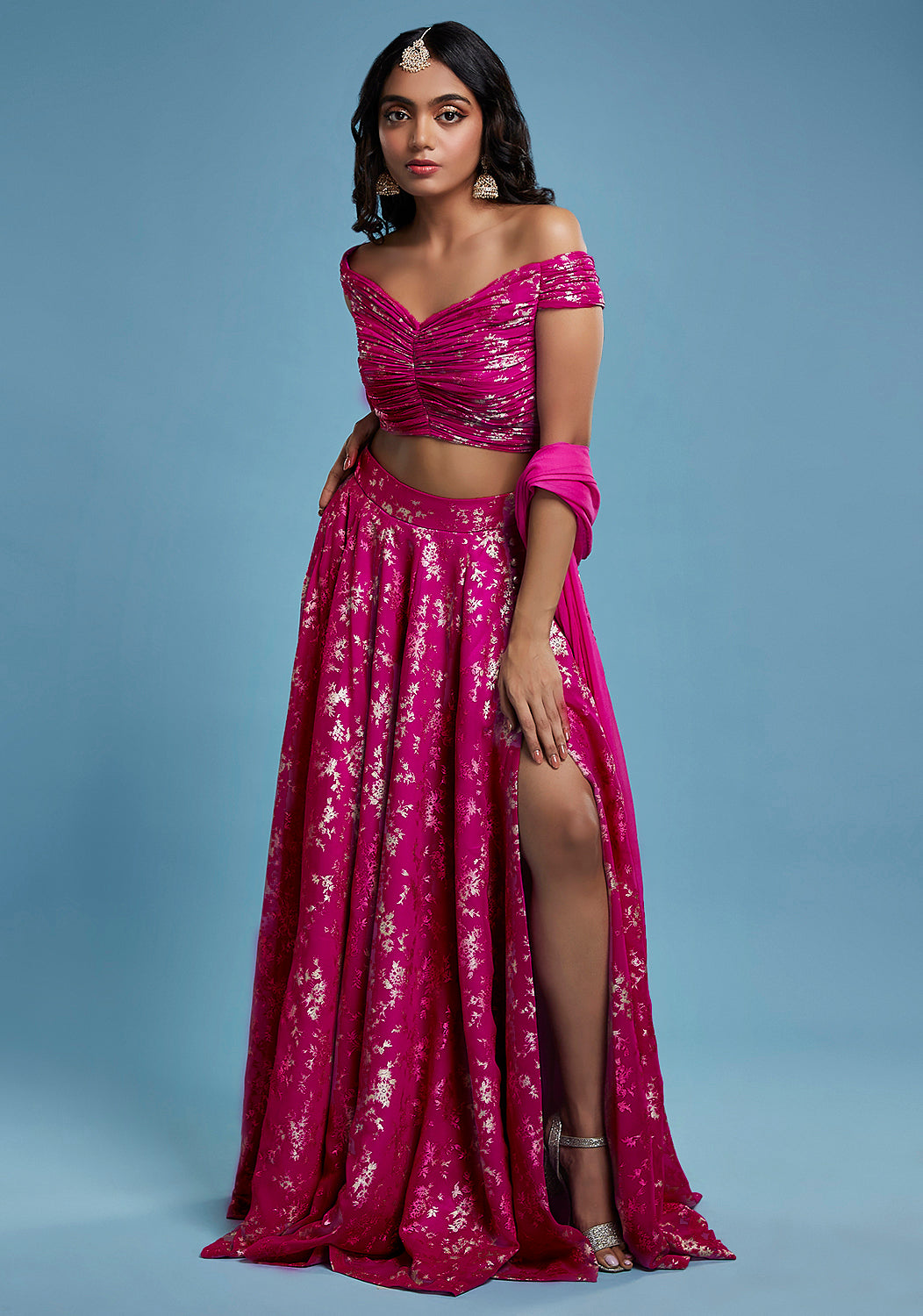 Hot PInk Offshoulder Vark Lehenga Set