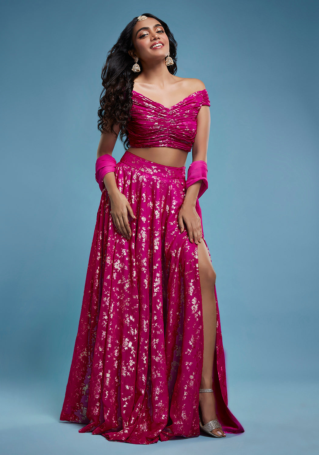 Hot PInk Offshoulder Vark Lehenga Set