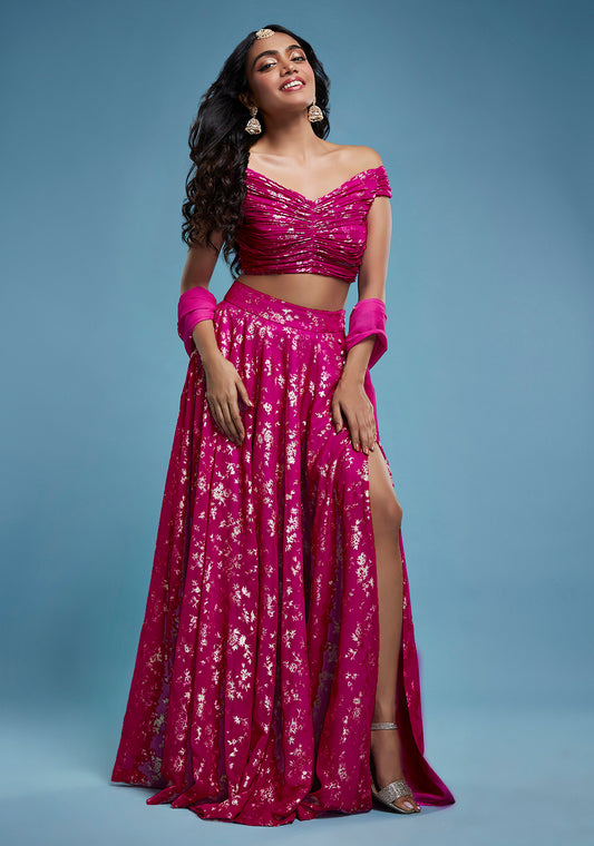 Hot PInk Offshoulder Vark Lehenga Set