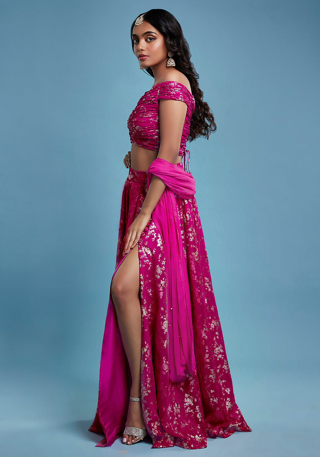Hot PInk Offshoulder Vark Lehenga Set