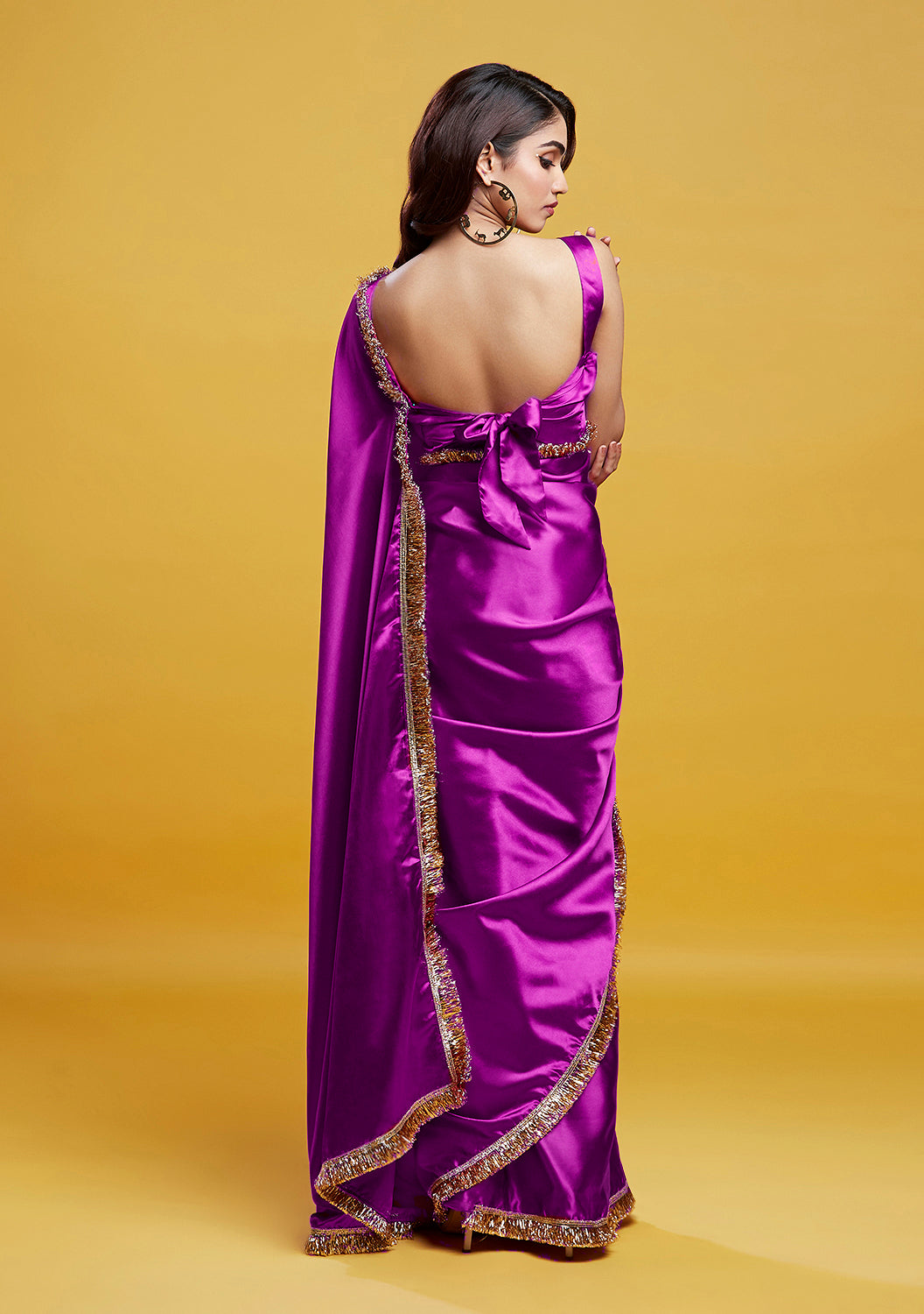Purple Satin Embroidered Saree Set
