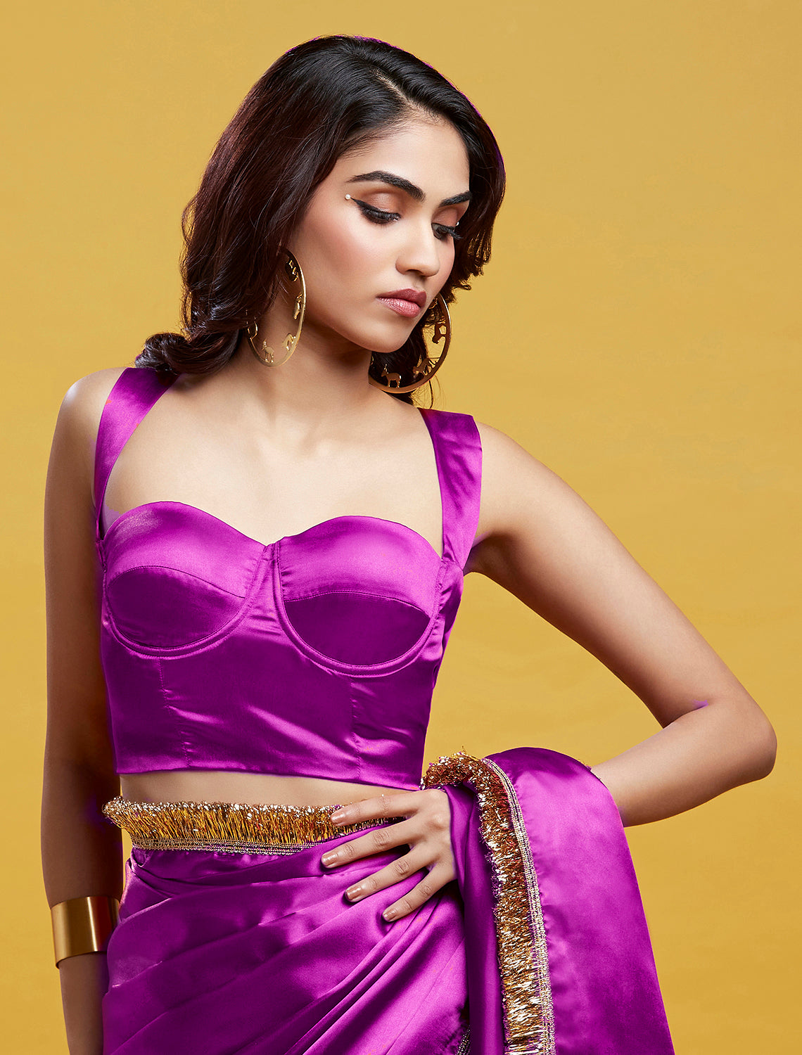 Purple Satin Embroidered Saree Set