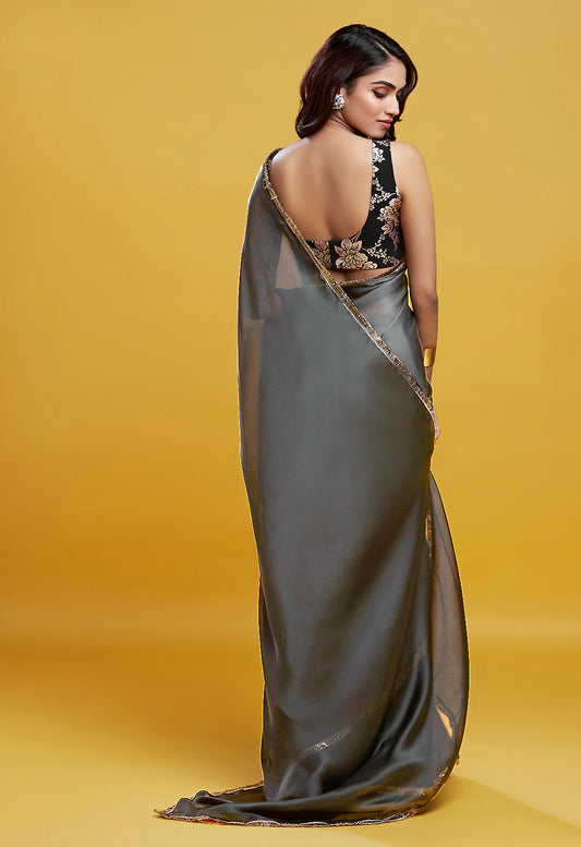 Silver Embroidered Saree Set