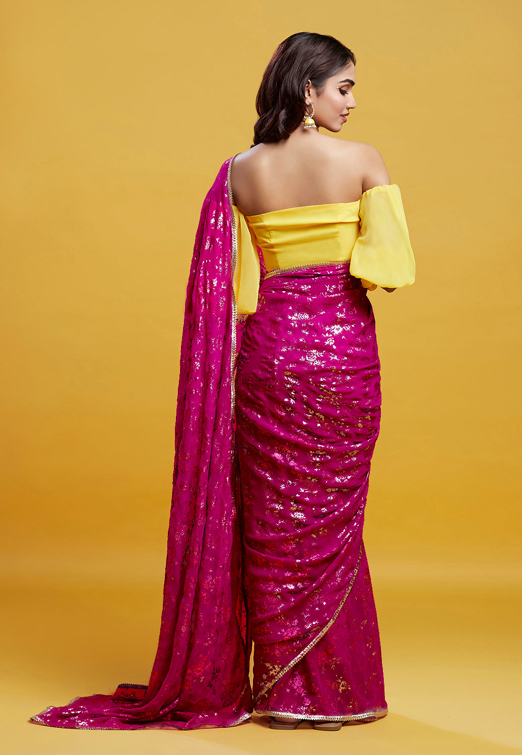 Hot Pink Georgette & Recycled Polyester Barfi Saree Set