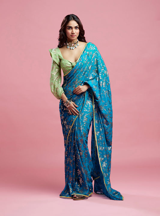 Teal Georgette & Recycled Polyester Barfi Saree Set