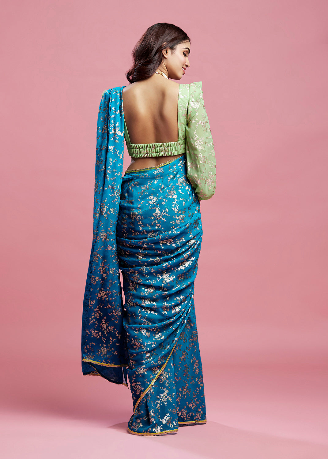 Teal Georgette & Recycled Polyester Barfi Saree Set