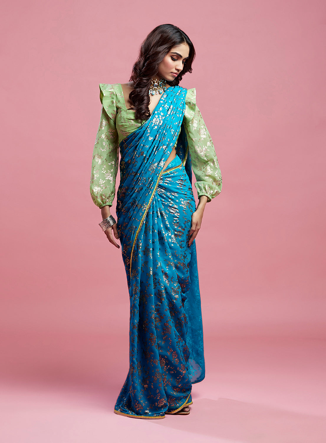 Teal Georgette & Recycled Polyester Barfi Saree Set