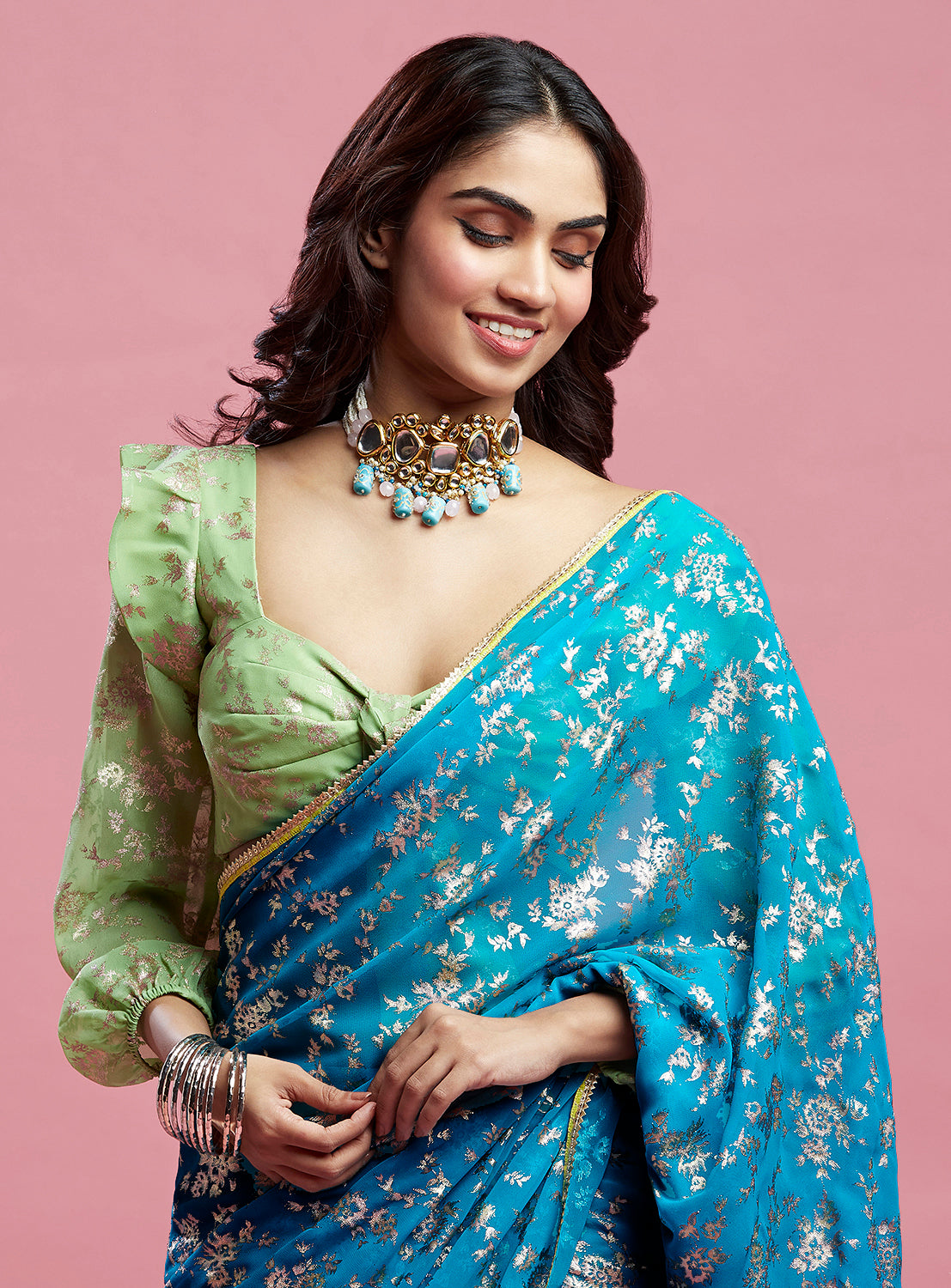 Teal Georgette & Recycled Polyester Barfi Saree Set