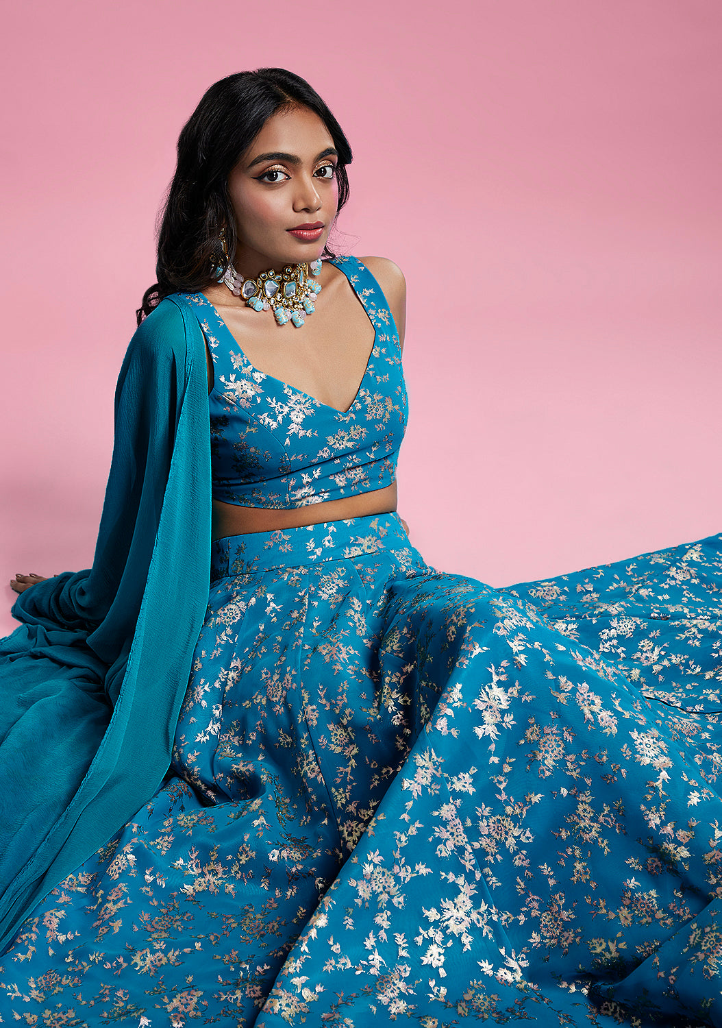 Turquoise Blue Recycled Polyester Lehenga Set