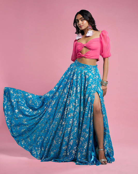Turquoise Blue Recycled Polyester Lehenga Set