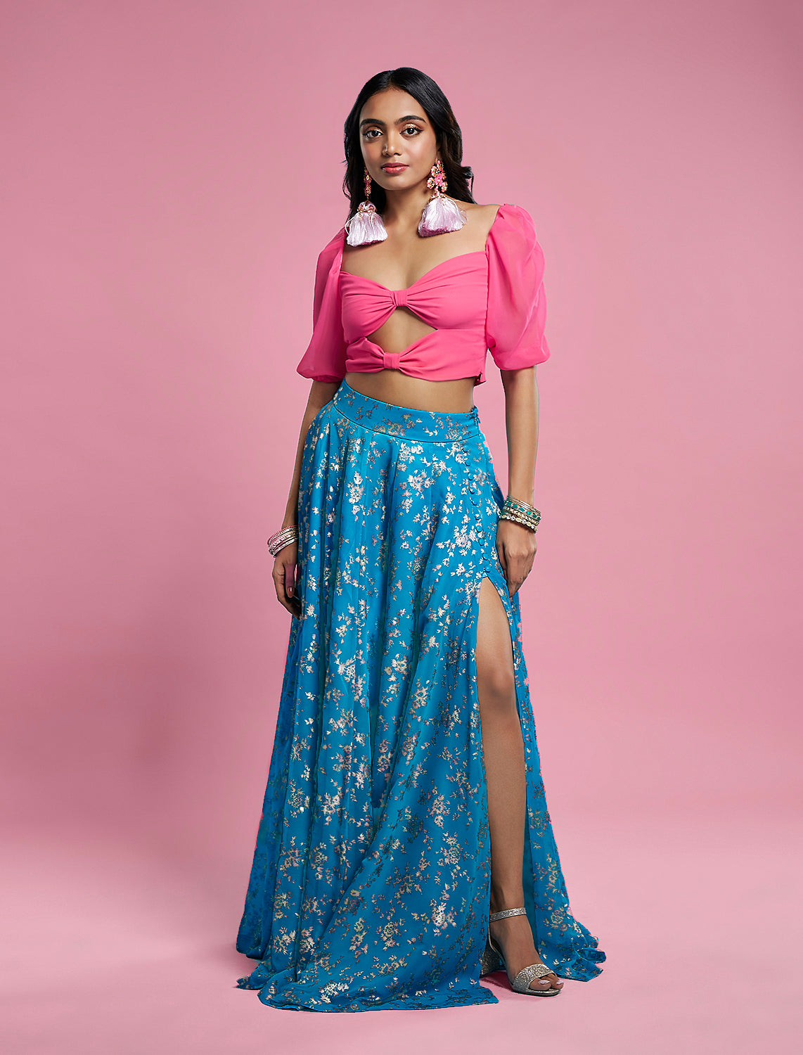 Turquoise Blue Recycled Polyester Lehenga Set