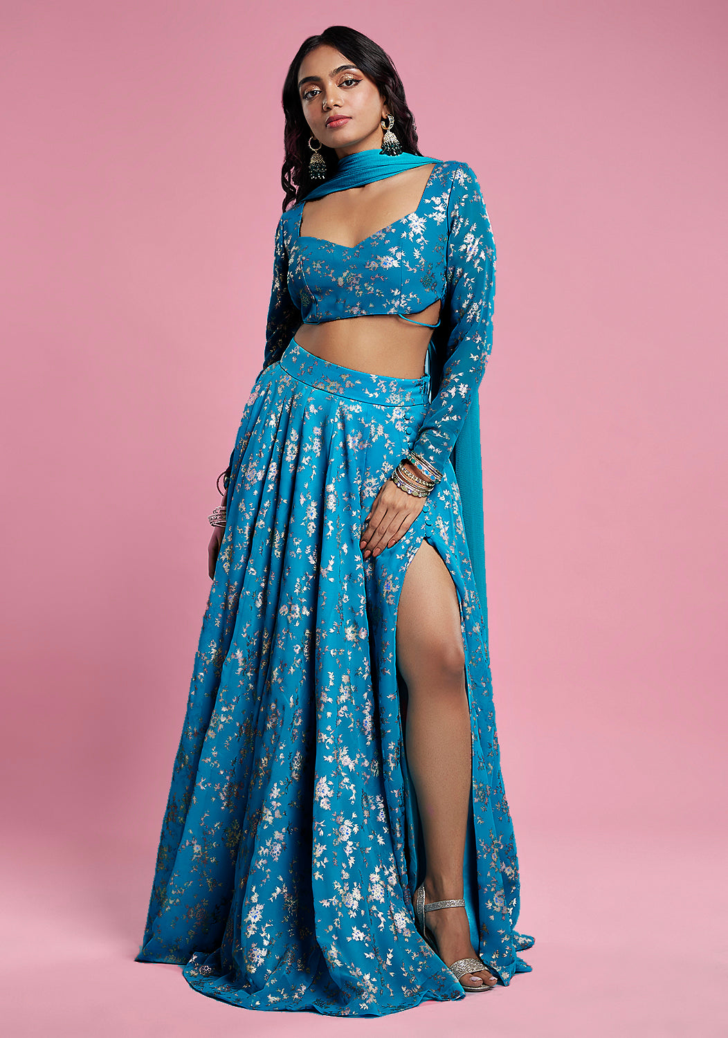 Turquoise Blue Recycled Polyester Lehenga Set