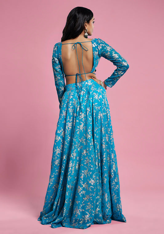 Turquoise Blue Recycled Polyester Lehenga Set