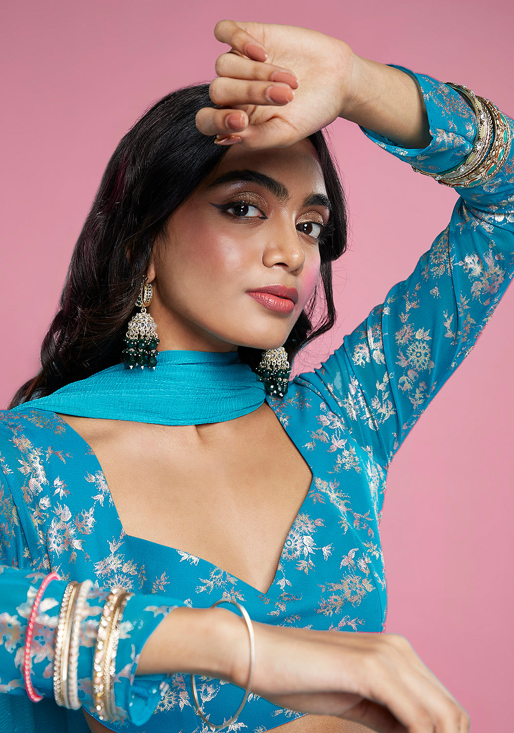 Turquoise Blue Recycled Polyester Lehenga Set