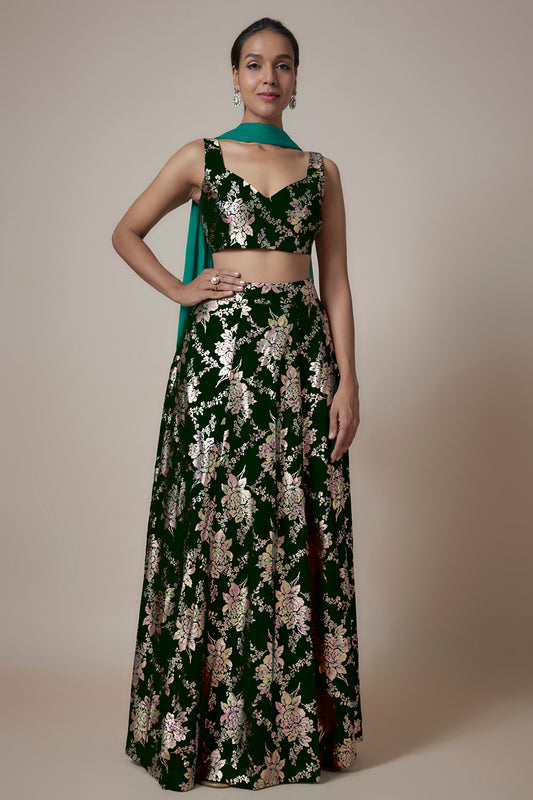 Black Recycled Polyester Foil Printed Lehenga Set