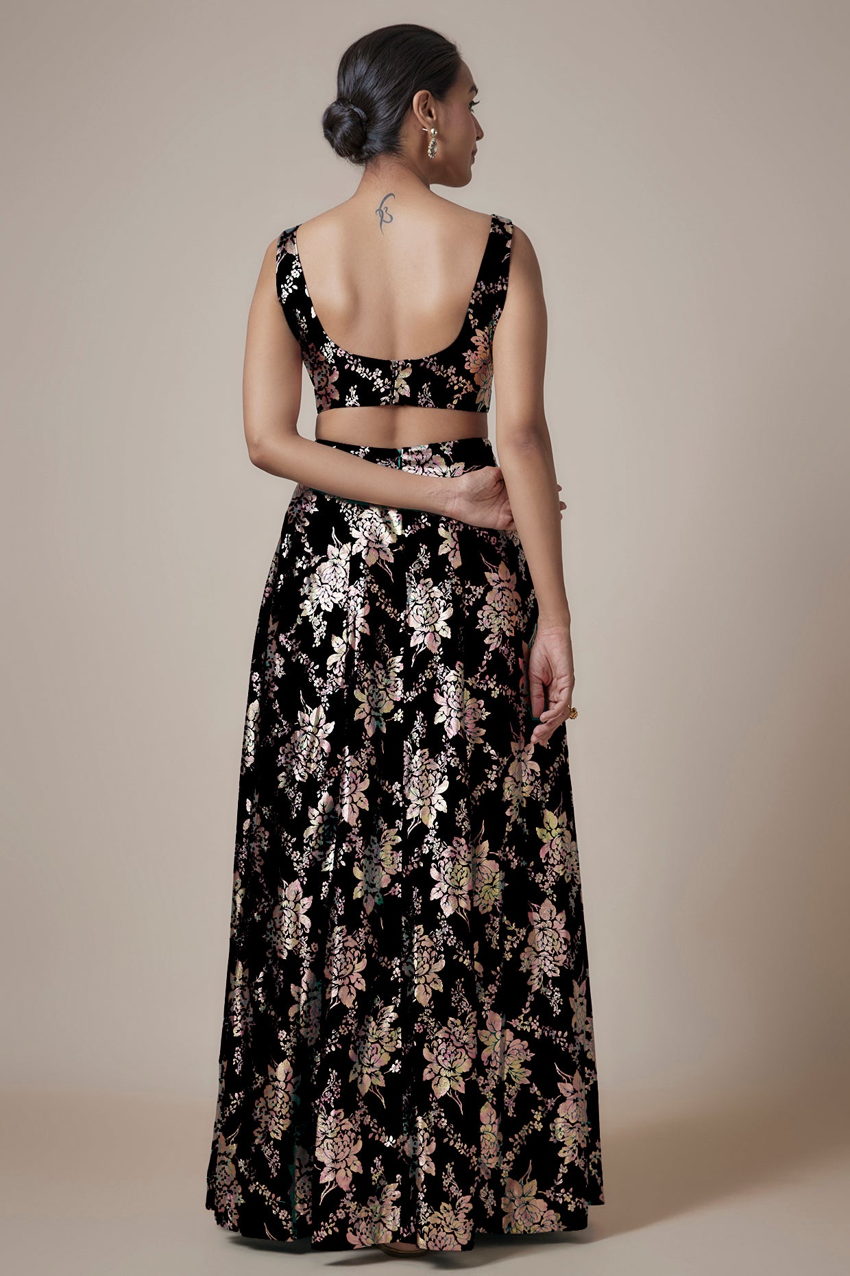 Black Recycled Polyester Foil Printed Lehenga Set