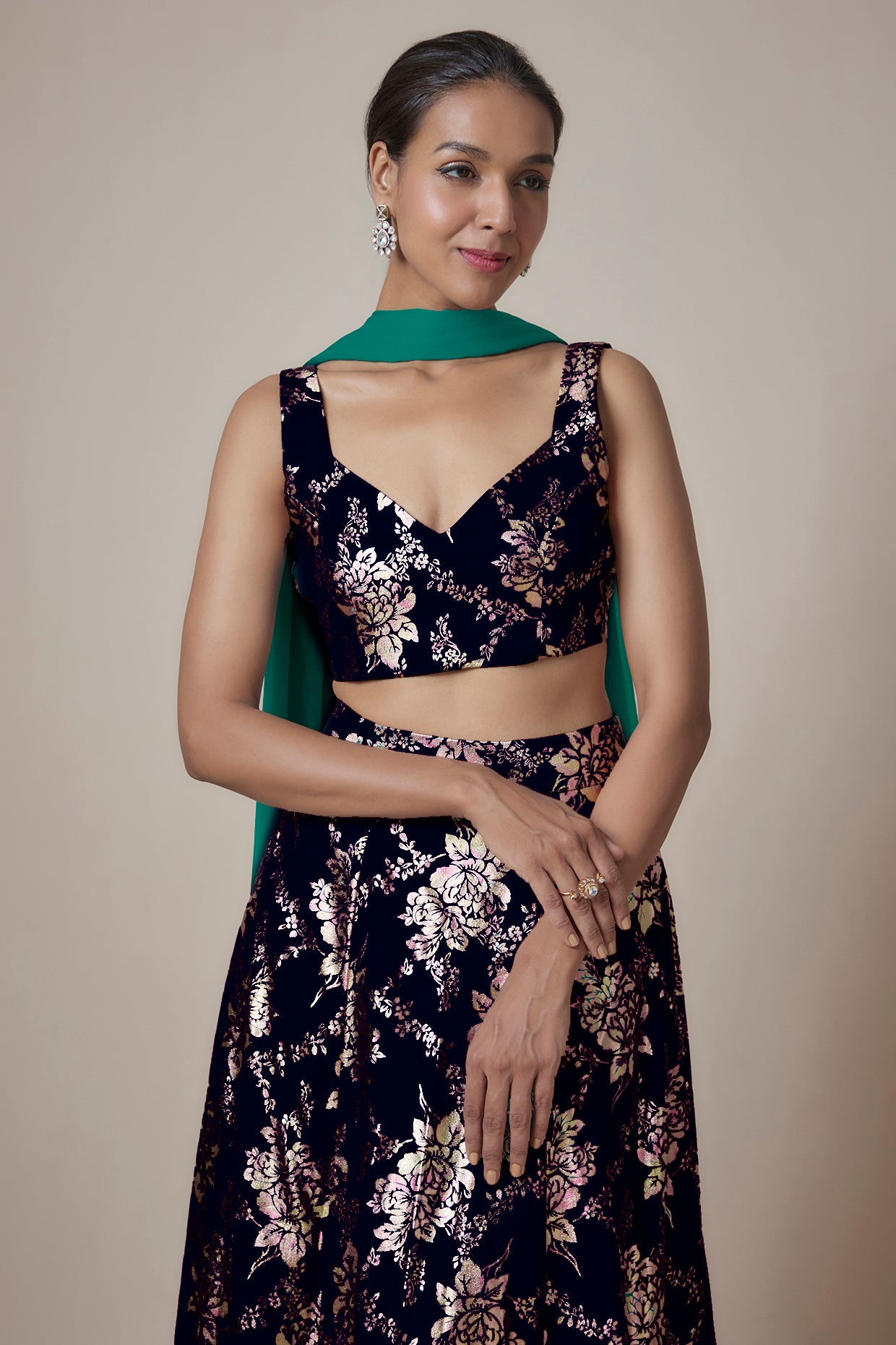 Black Recycled Polyester Foil Printed Lehenga Set