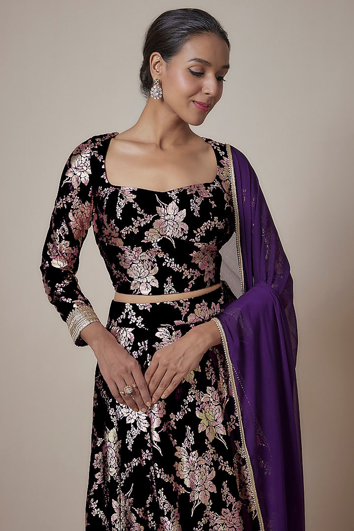 Black Recycled Polyester Foil Printed Lehenga Set