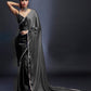 Black & Charcoal Satin Embellished Color-Blocked Saree Set