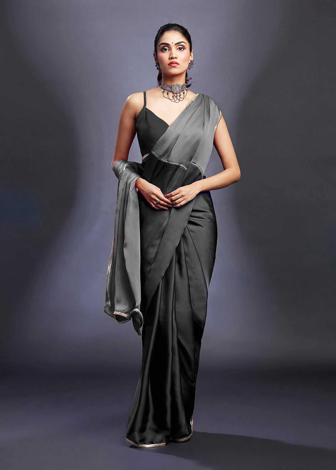 Black & Charcoal Satin Embellished Color-Blocked Saree Set
