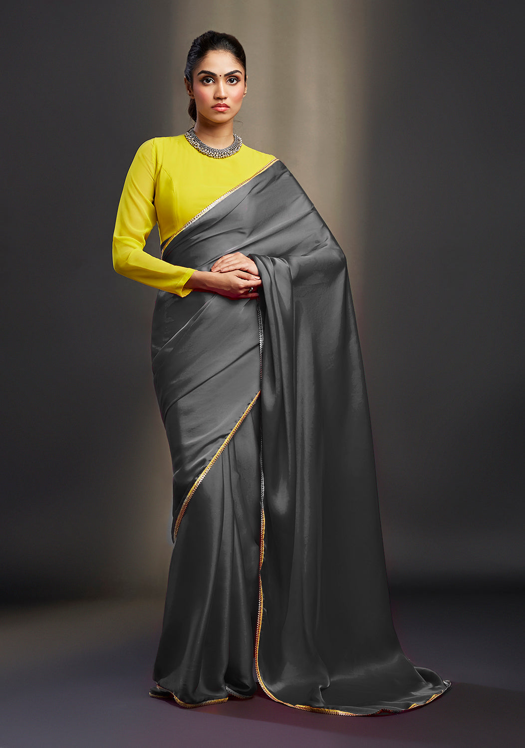 Charcoal Satin Embellished Saree Set