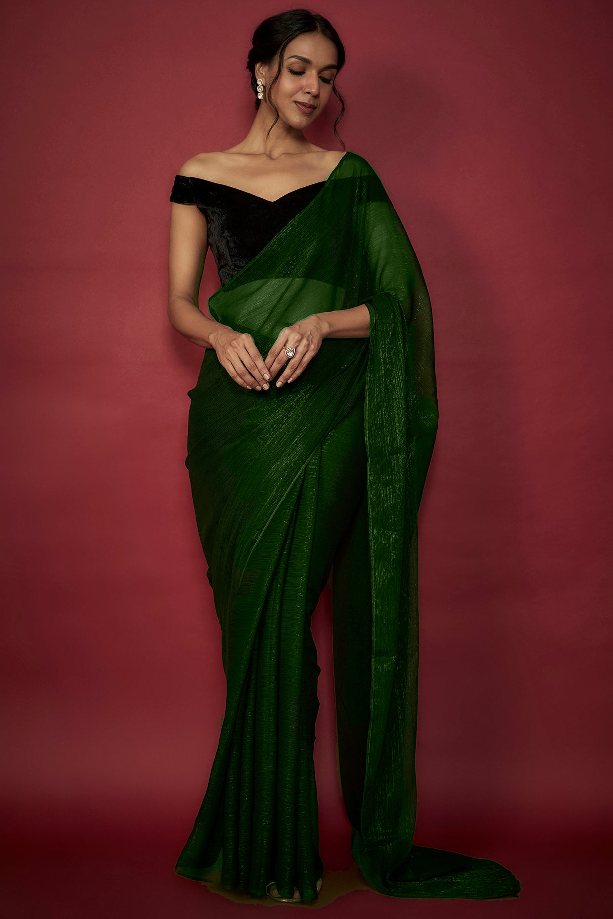 Emerald Green Chiffon Zari Embroidered Saree Set