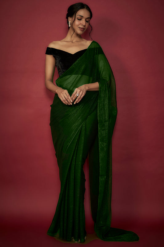 Emerald Green Chiffon Zari Embroidered Saree Set