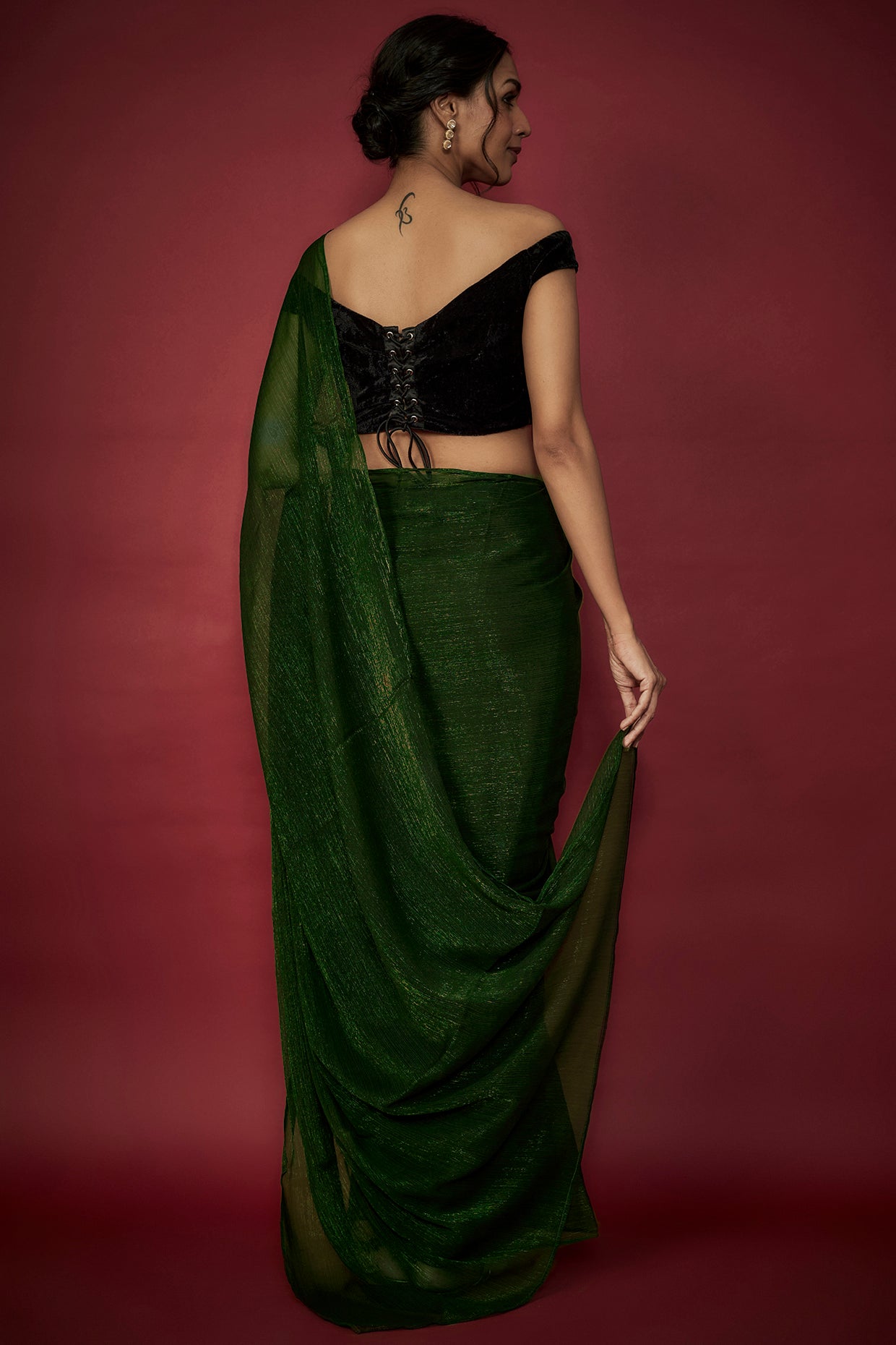 Emerald Green Chiffon Zari Embroidered Saree Set